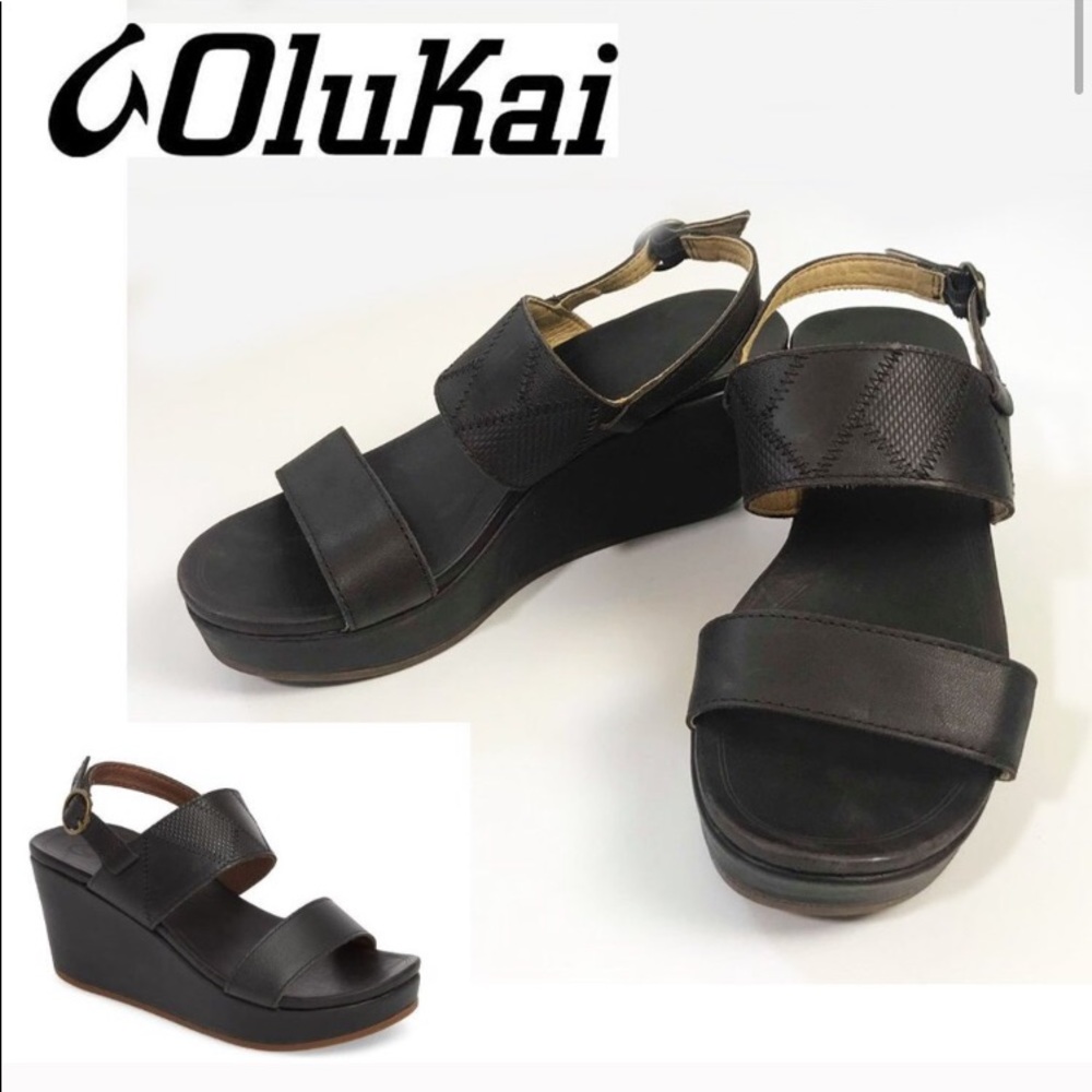 Olukai Keha Platform Wedge Leather BROWN Size 8